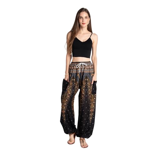 Tranquil Threads Women's Harem Pants with Pockets and Drawstring, Hippie Boho Yoga Clothes - color: Golden Black, size: X-Small