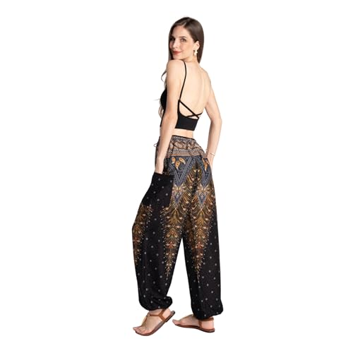 Tranquil Threads Women's Harem Pants with Pockets and Drawstring, Hippie Boho Yoga Clothes - color: Golden Black, size: Small