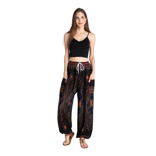 Tranquil Threads Women's Harem Pants with Pockets and Drawstring, Hippie Boho Yoga Clothes - color: Black Feather, size: Small