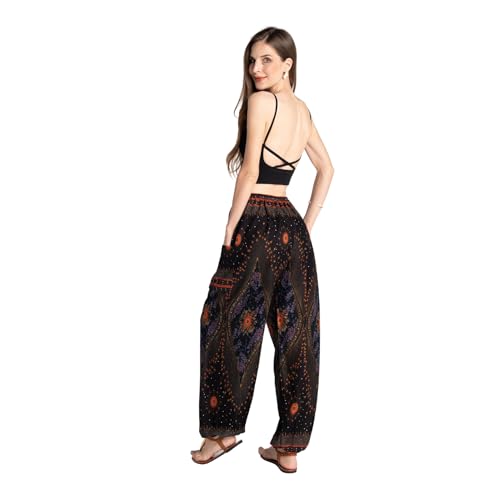 Tranquil Threads Women's Harem Pants with Pockets and Drawstring, Hippie Boho Yoga Clothes - color: Black Feather, size: Large
