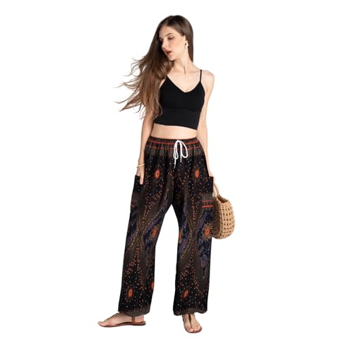 Tranquil Threads Women's Harem Pants with Pockets and Drawstring, Hippie Boho Yoga Clothes - color: Black Feather, size: Medium