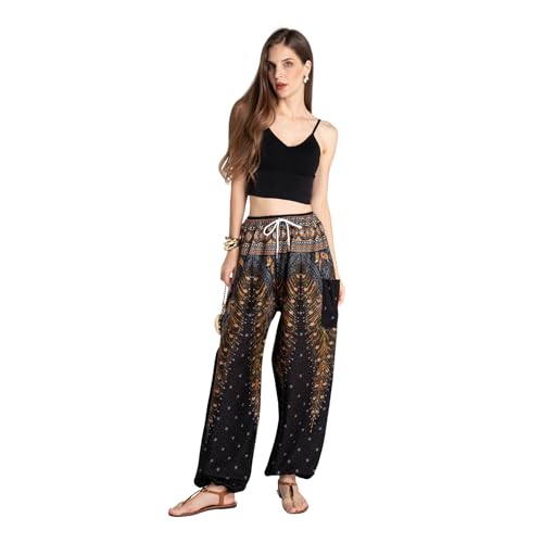 Tranquil Threads Women's Harem Pants with Pockets and Drawstring, Hippie Boho Yoga Clothes - color: Golden Black, size: Small