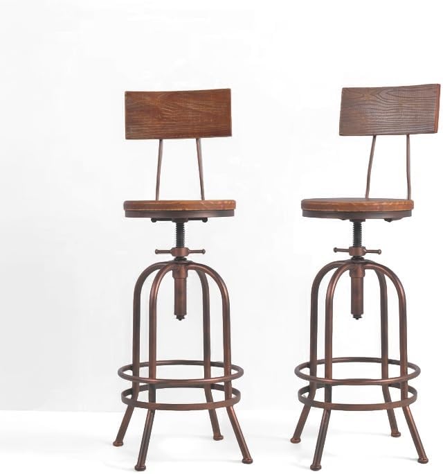 Set of 2-Industrial Bar Stools-Swivel Wooden Seat-Bar Counter Height Adjustable 26-32.2inch-Kitchen Dining Chairs