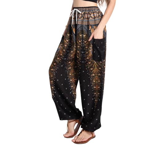 Tranquil Threads Women's Harem Pants with Pockets and Drawstring, Hippie Boho Yoga Clothes - color: Golden Black, size: Small