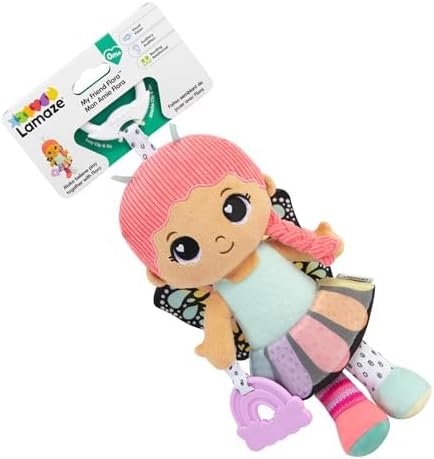 LAMAZE Flora Mon Amie Clip & Go, First Textured Doll with Crinkle Skirt & Butterfly Wings, Rainbow Ring and Rattle, Stroller Clip, Sensory Awakening, Stimulates Motor Skills