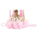 Nishine Gold Glitter Crown Headband Pink Flower Crown Tiara Hairband for Baby Birthday Party Supplies Photo Props (Chiffon&One)