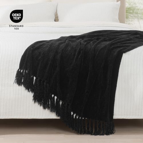 RECYCO Throw Blanket Soft Cozy Chenille Throw Blanket with Fringe Tassel for Couch Sofa Chair Bed Living Room Gift (Black, 60" x 80") - color: Black, size: 60'' X 80''