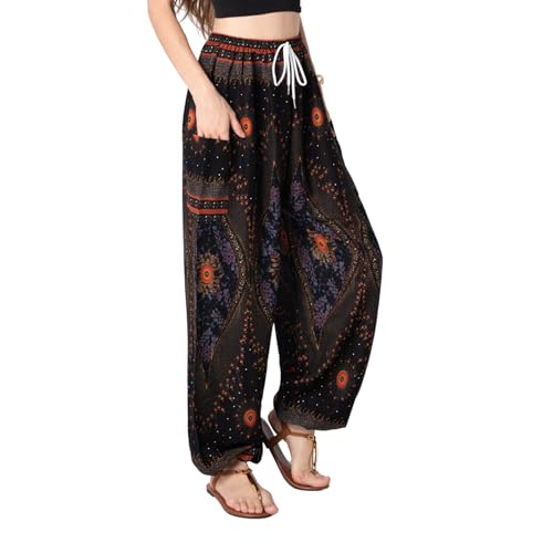 Tranquil Threads Women's Harem Pants with Pockets and Drawstring, Hippie Boho Yoga Clothes - color: Black Feather, size: X-Small