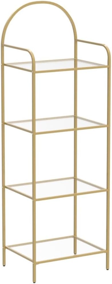 Bookcase Bookshelf, Tempered Glass Bookshelves, Slim Shelving Unit for Bedroom, Bathroom, Home Office, Steel Frame, 4 Tier Gold BC04001G