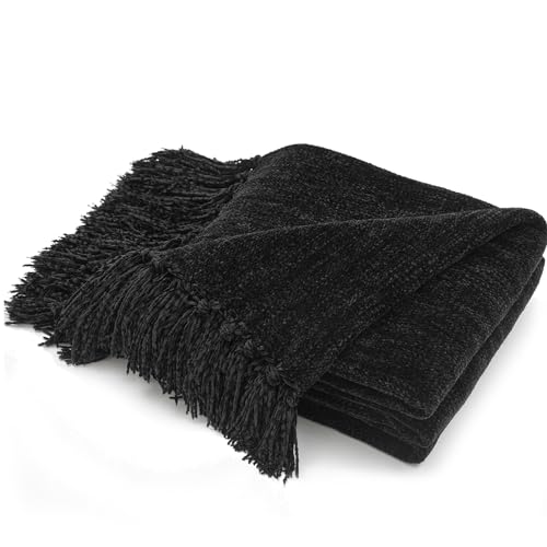 RECYCO Throw Blanket Soft Cozy Chenille Throw Blanket with Fringe Tassel for Couch Sofa Chair Bed Living Room Gift (Black, 60" x 80") - color: Black, size: 60'' X 80''