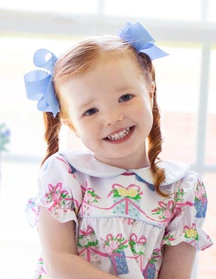 Wee Ones Girls' Classic Grosgrain Hair Bow with Scalloped Edges, No-Slip Hair Clip, Handmade, Millennium Blue, Medium