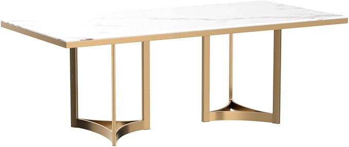 POVISON Marble Dining Table for 6, Modern Dining Room Table 71" for Kitchen & Dining Room, Luxury White Marble Table Top with Gold Trestle Pedestal(Dining Table Only)