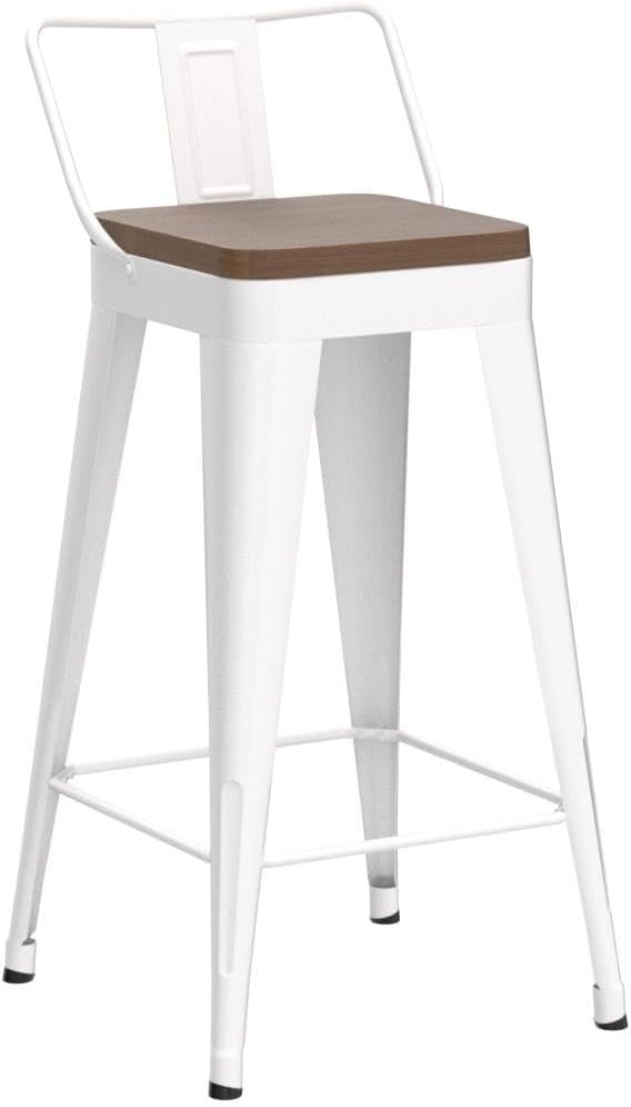 WENTMENT Bar Stools Set of 4 Counter Height Bar Stools Metal Barstools with Removable Back 26" Kitchen Bar Stools with Wooden Seat, White