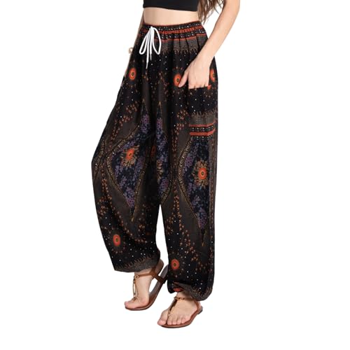 Tranquil Threads Women's Harem Pants with Pockets and Drawstring, Hippie Boho Yoga Clothes - color: Black Feather, size: Large