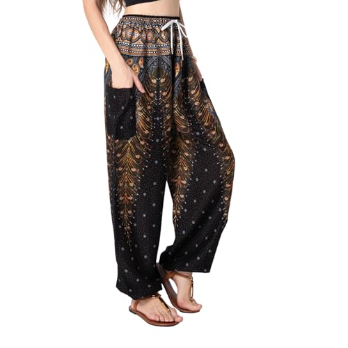 Tranquil Threads Women's Harem Pants with Pockets and Drawstring, Hippie Boho Yoga Clothes - color: Golden Black, size: Small