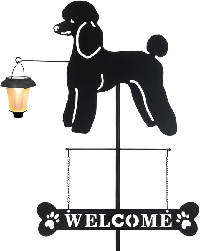 BAYN Solar Poodle Garden Stakes Decorative with a Lantern Dog Silhouette Welcome Sign Outdoor Garden Decor for Yard, Lawn, Patio, Pathway