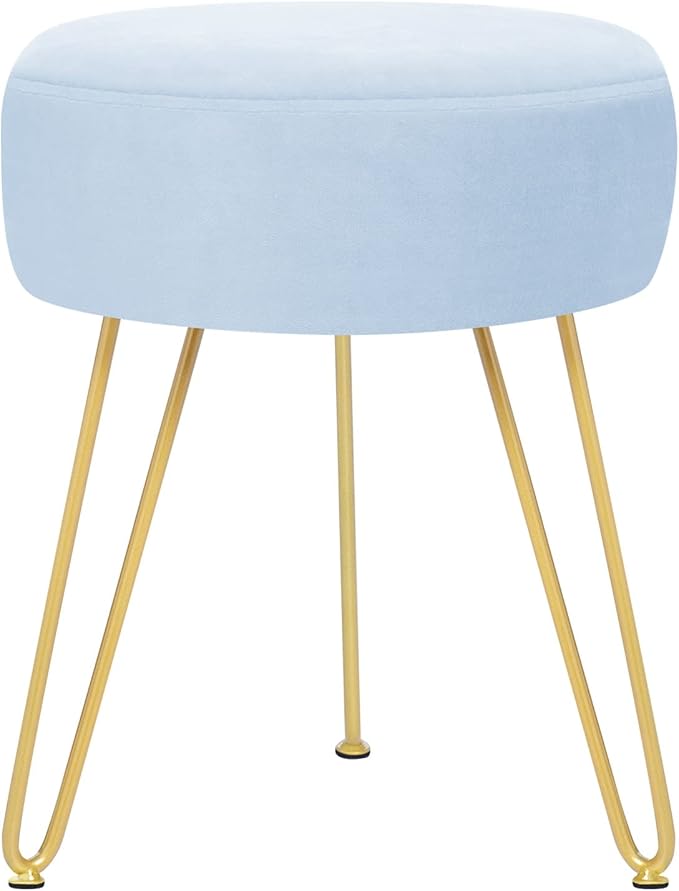 GERANT Multifunctional Vanity Stool - Velvet Footrest Stool-Upholstered Chair Stool -Ottoman Round Modern Dressing Chair - Side Coffee Table Seat with Golden Metal Leg for Living Room (Light Blue)