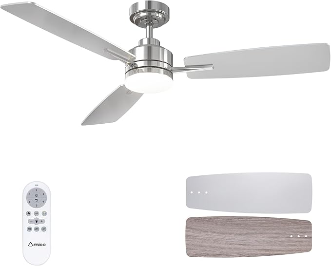 Amico Ceiling Fans with Lights, 52 Inch Ceiling Fan with Light and Remote Control, Nickel Fan, Reversible, 3CCT, Dimmable, Noiseless, Ceiling Fan for Bedroom, Indoor/Outdoor Use