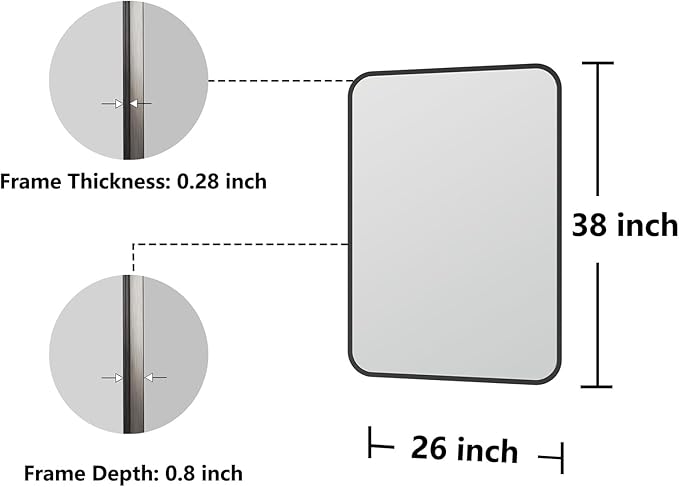 Bathroom Mirror, 26X38 Inch Black Metal Framed Mirror for Bathroom, Tempered Glass, Anti-Rust, Rounded Rectangle Mirror for Restroom, Bedroom, Black