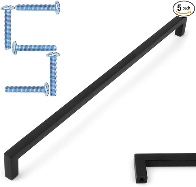 KOOFIZO Solid Square Bar Cabinet Handle - Black Furniture Pull, 10 Inch/256mm Screwhole Distance, Pack of 5 for Kitchen Cupboard Door, Bedroom Dresser Drawer, Bathroom Wardrobe Hardware