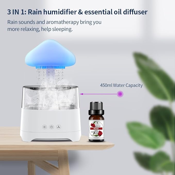 Diffuserlove Rain Diffuser Cloud Humidifier 450ML Diffuser Water Drip Waterfall Lamp Mushroom Humidifier (Size: 6.54''x10.5'')