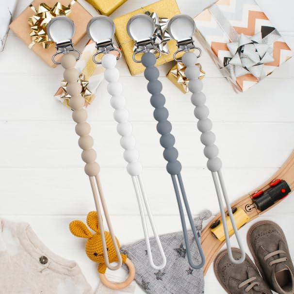 Pacifier Clip for Boys Girls - MORIBOX 4 Pack Paci Clip Soothie Baby Binky Holder for Shower Gift Birthday (Beige+White+Dgrey+Lgrey)