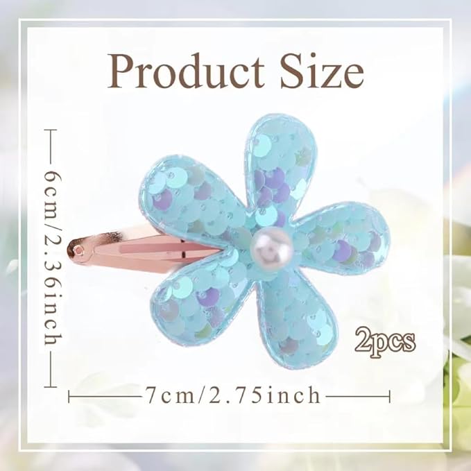 2Pcs Sequins Flower Hair Clips for Girls Cute Snap Hair Clips with Pearl Hair Barrettes Spring summer Hair Accessories Birthday Party Supplies (Purple;)