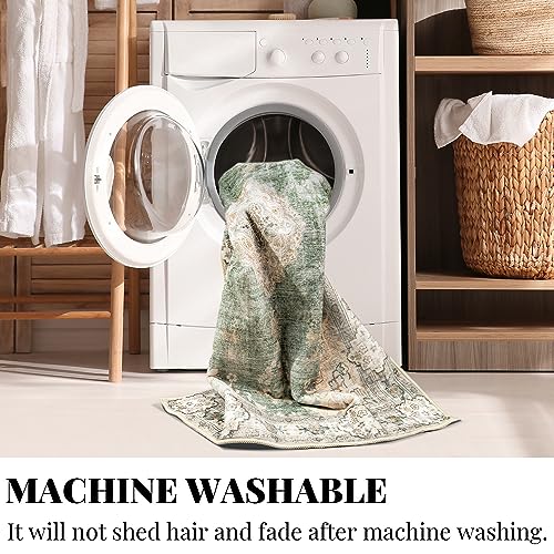 MUJOO Hallway Runner Rug - Machine Washable Non Slip Boho Green Runner for Hallways, Entryway, Kitchen, Bathroom, Bedside - Retro Soft Low-Pile 2'x6' Blossom. - color: Green, size: 2' x 6' (Rectangular)