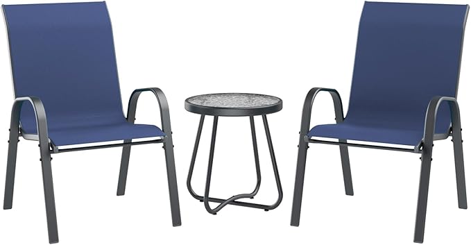 UDPATIO Patio Dining Set of 3, Outdoor Table and Chairs Set with Glass Table, 2 Stackable Patio Chairs with High Back, Outdoor Furniture Sets for Deck Garden Backyard Lawn Poolside (Blue)