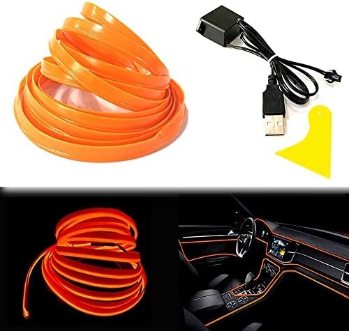 El Wire Orange Interior Car LED Strip Lights, 5M Neon Wire USB 5V with Fuse Protection for Automotive Interior Decoration, with 6mm Sewing Edge