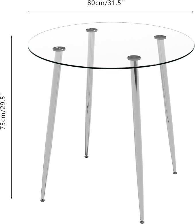 Tempered Glass Dining Table 32 inch Round Kitchen Table with Silver Metal Legs Modern Dinner Table for Dining Room Kitchen Small Space