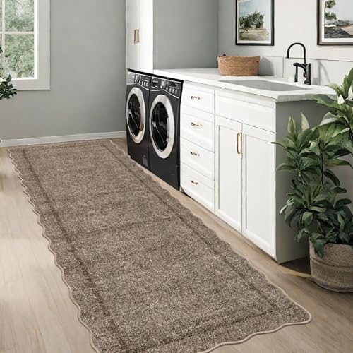 GarveeHome Scalloped Washable Runner Rug 2x10 Runner Modern Kitchen Runner Non Slip Farmhouse Entryway Rug Soft Bathroom Rugs Stain Resistant Carpet for Laundry Bedroom 2'x10' Taupe - color: Taupe, size: 2' x 10' (Runner)