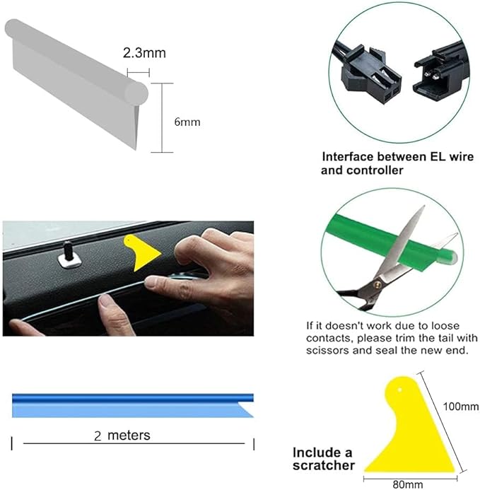 El Wire Red Interior Car LED Strip Lights, 2M Neon Wire USB 5V with Fuse Protection for Automotive Interior Decoration, with 6mm Sewing Edge