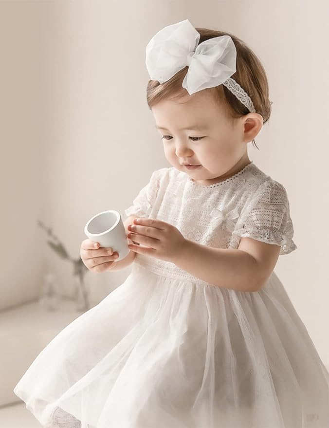 Baby Girls Lace Bow Headband Cute Chiffon Bow-Knot Toddler Hairband Elastic Soft Lace Infants Birthday Party Hair Accessories (White-2, One size)