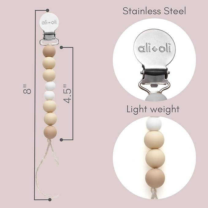 Ali+Oli (Natural) Bundle Duo, Pacifier Case Holder & Silicone Pacifier Clip for Baby