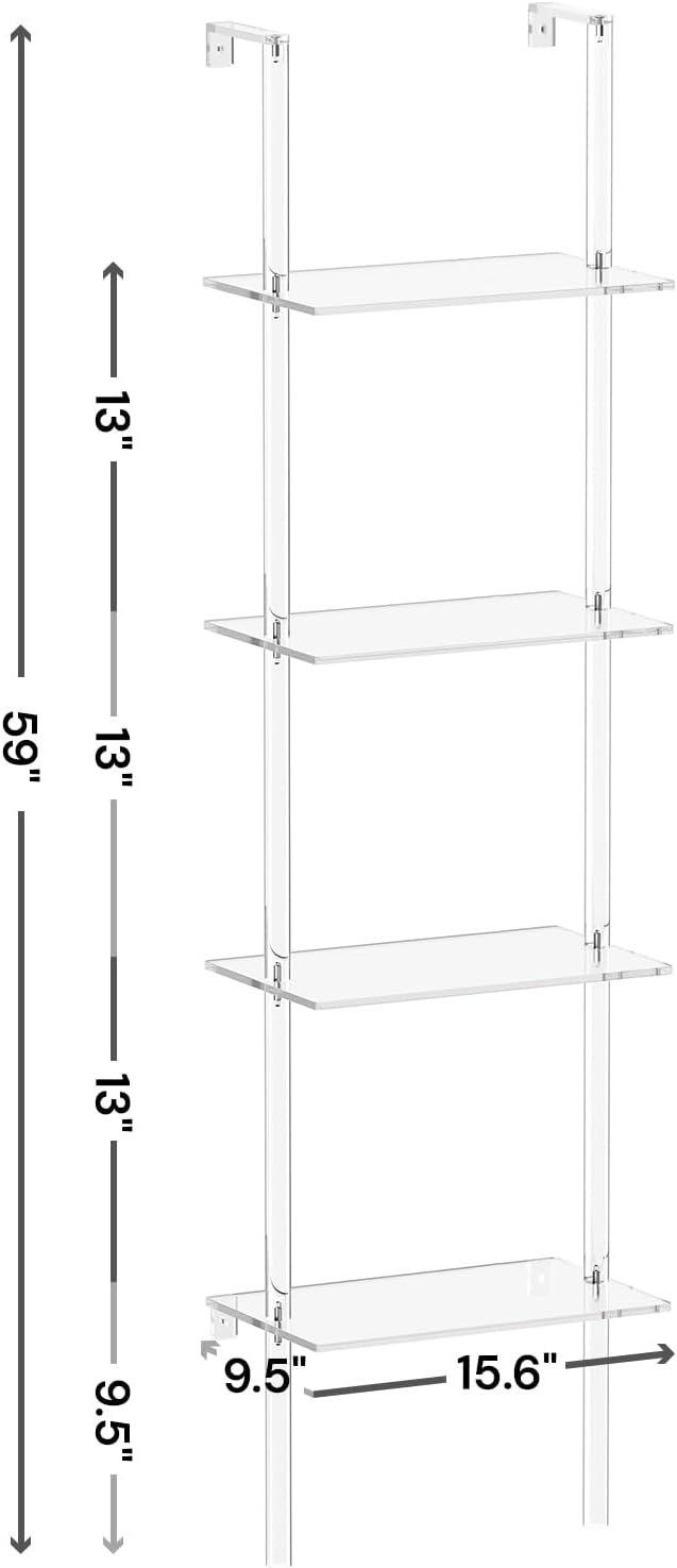 Small Acrylic Ladder Bookshelf, 9.5" D x 15.6" W, 4-Tier Clear Wall Mounted Book Shelf for Small Spaces, Multipurpose Bookcase for Living Room, Bathroom, Office, Modern, 59" H