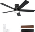 POCHFAN 52 Inch Black Ceiling Fans with Lights and Remote, LED Low Profile Flush Mount Ceiling Fan for Bedroom, Living Room, with Quiet DC Motor, Dimmable 6 Speeds