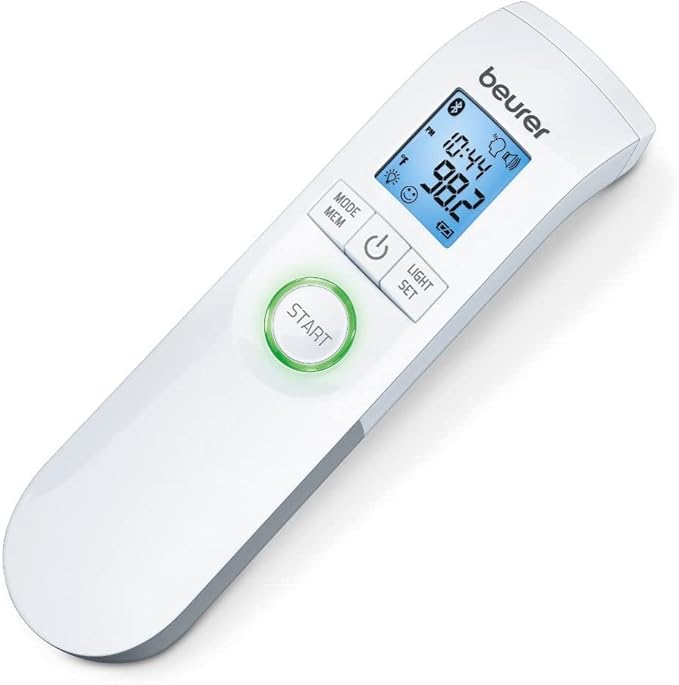 Beurer Bluetooth Non-Contact Thermometer, Forehead, Object, Room Temperature, High Accuracy, XL Blue Illuminated Display, 60 Memory Spaces, White,1 Count (Pack of 1),FT95