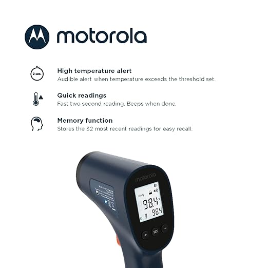 Motorola Nursery Touchless Infrared Thermometer with Backlit Display, TE-94 with Memory Function, High Temperature Alert, Dark Blue