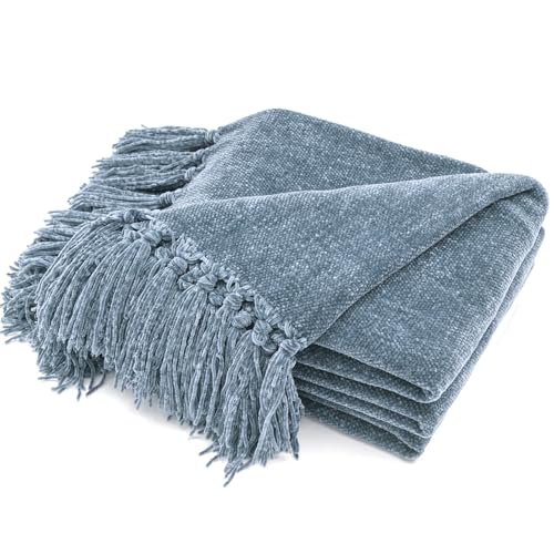 RECYCO Throw Blanket Soft Cozy Chenille Throw Blanket with Fringe Tassel for Couch Sofa Chair Bed Living Room Gift (Dusty Blue, 60'' x 80'') - color: Dusty Blue, size: 60'' X 80''