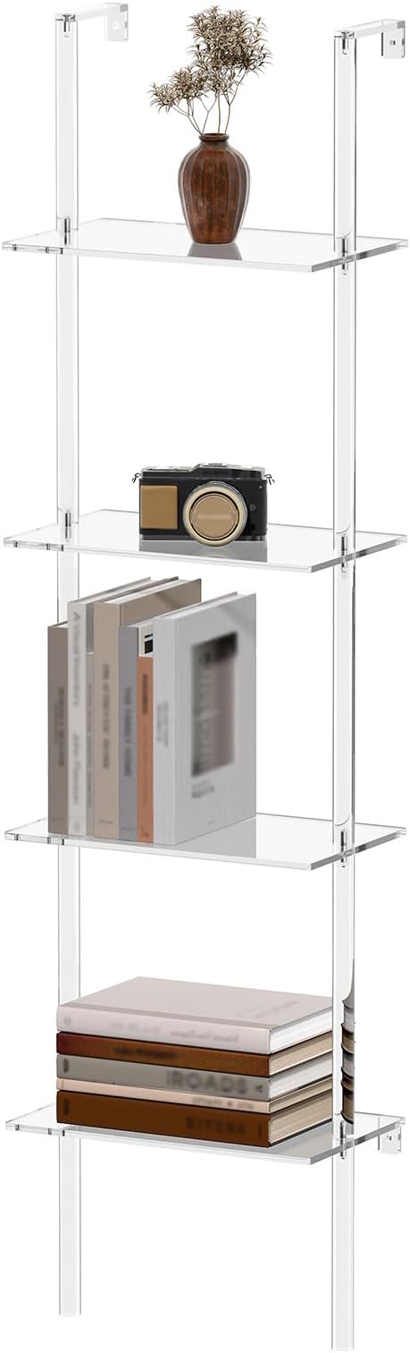 Small Acrylic Ladder Bookshelf, 9.5" D x 15.6" W, 4-Tier Clear Wall Mounted Book Shelf for Small Spaces, Multipurpose Bookcase for Living Room, Bathroom, Office, Modern, 59" H