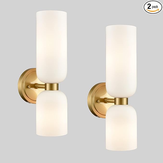 DEYNITE Gold Wall Sconces Set of Two 2-Light Modern Wall Light 3.93"(W)*14.2"(H) Bathroom Vanity Light Milky White Glass