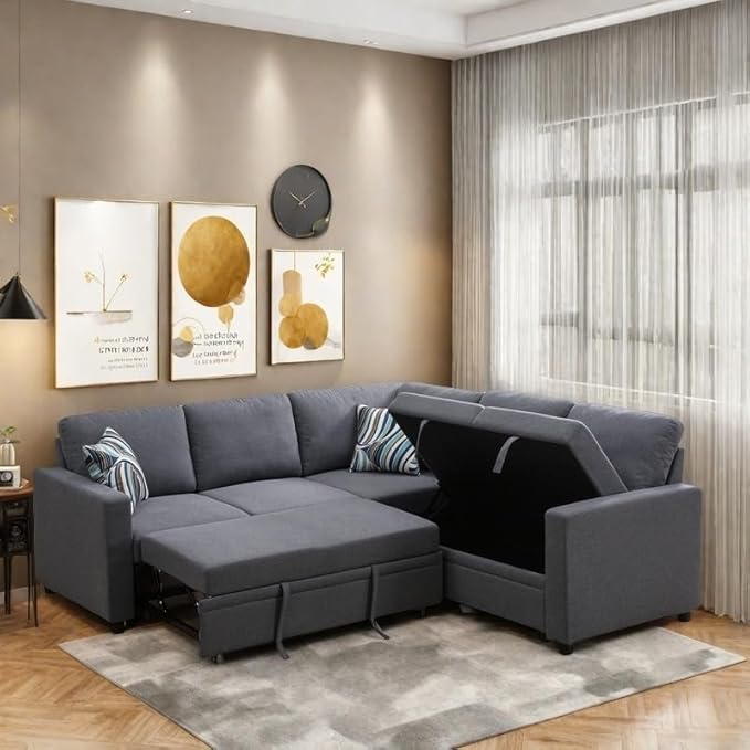 4-Piece L Shaped Sofa Set with Storage Chaise, Convertible Pull Out Couch with Movable Ottoman, Modular Sectional Sofa for Living Room, Apartment, Office, Gray