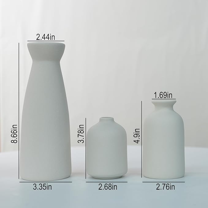 Distressed Ceramic Vase Set of 3, Modern Bohemian Farmhouse Home Decor, Pampas Grass Dried Flowers Vases for Living Room, Dining Room, Bedroom, Kitchen, Bathroom, Office, Entryway (White)