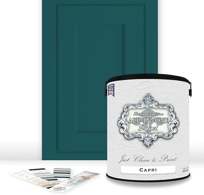 ALL-IN-ONE Paint, Durable cabinet and furniture paint. Built in primer and top coat, no sanding needed. Includes our 30 featured color card - Capri (green teal), Gallon