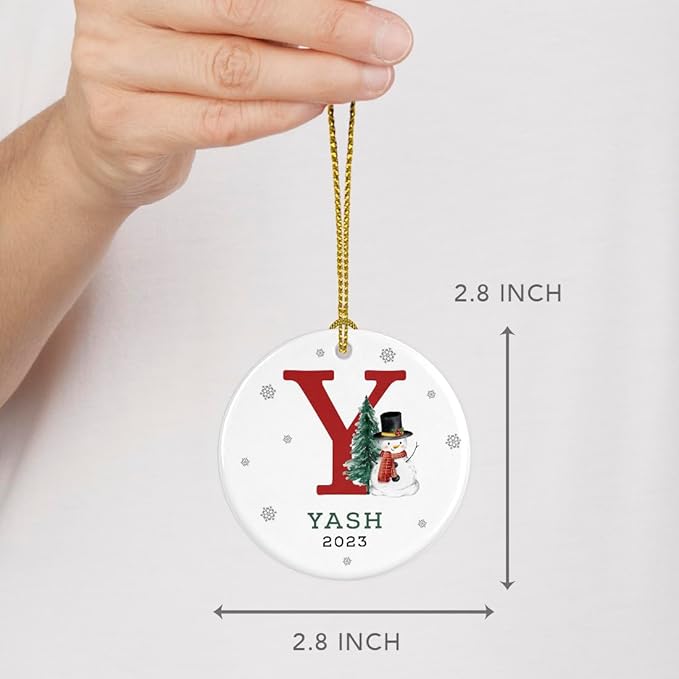 Andaz Press Personalized Ornament, Custom Name, Initial Y Monogram Snowman 2.8" Ceramic Porcelain 2025 Christmas Ornament Keepsake for Kids, Boys, Girls, Includes Gold Ribbon & Gift Box, 1-Pack