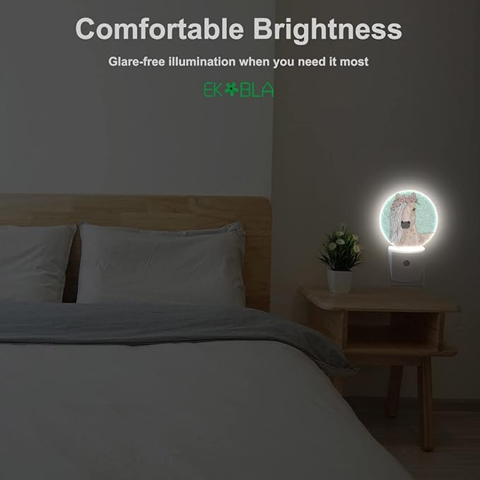 EKOBLA Watercolor Horse Plug-in Night Light, Horse with Floral Wreath LED Nightlight with Dusk to Dawn Sensor for All Ages
