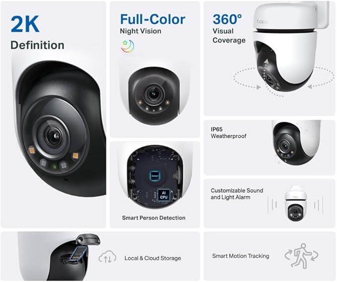 Tapo 2K Outdoor Wired Pan/Tilt Security Wi-Fi Camera, 360° View, Motion Tracking, Works w/Alexa & Google Home, Color Night Vision, Free AI Detection, Cloud & SD Card Storage(up to 512GB), Tapo C510W