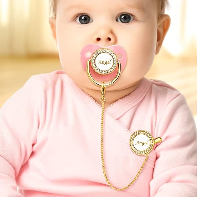 Personalized Pacifier and Pacifier Clip with Name,Bling Pacifier Clip Set with Multiple Patterns Glitter Crystal Luxurious Ideal Gift for Boy Girl Baby Shower Photography Newborns (Pink)