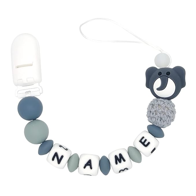 Personalized Pacifier Clip with Name Customized - Elephant (GreyW)